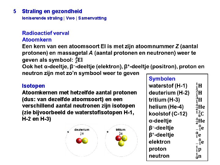 5 Straling en gezondheid Ioniserende straling | Vwo | Samenvatting Isotopen Atoomkernen met hetzelfde