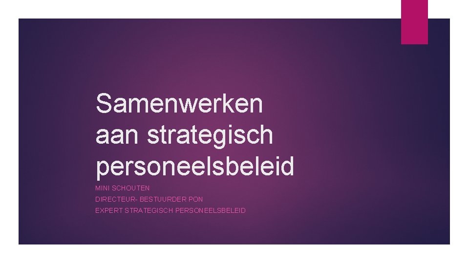 Samenwerken aan strategisch personeelsbeleid MINI SCHOUTEN DIRECTEUR- BESTUURDER PON EXPERT STRATEGISCH PERSONEELSBELEID 