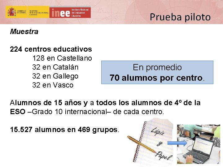 Prueba piloto Muestra 224 centros educativos 128 en Castellano 32 en Catalán 32 en