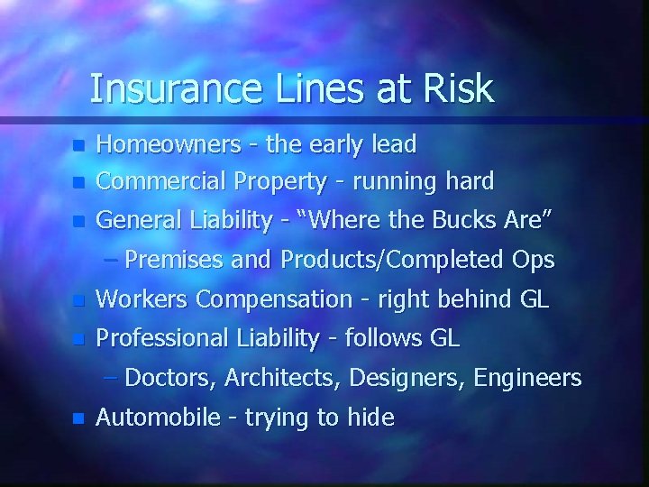Insurance Lines at Risk n Homeowners - the early lead Commercial Property - running