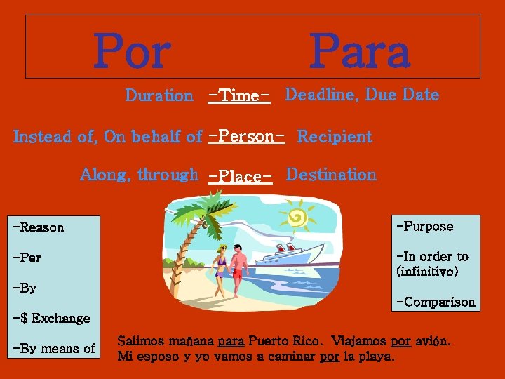 Por Para Duration -Time- Deadline, Due Date Instead of, On behalf of -Person- Recipient