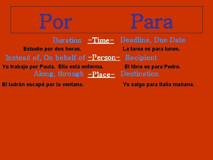 Por Para Duration -Time- Deadline, Due Date Estudio por dos horas. La tarea es