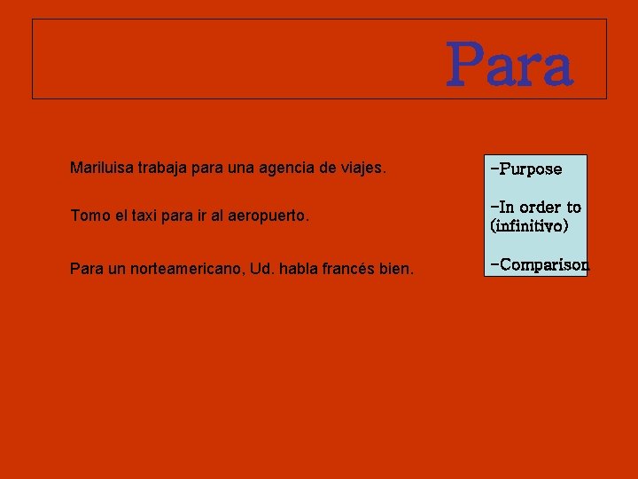 Para Mariluisa trabaja para una agencia de viajes. -Purpose Tomo el taxi para ir