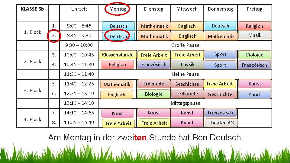 KLASSE 6 b 1. Block Uhrzeit Montag Dienstag Mittwoch Donnerstag Freitag 1. 8: 00