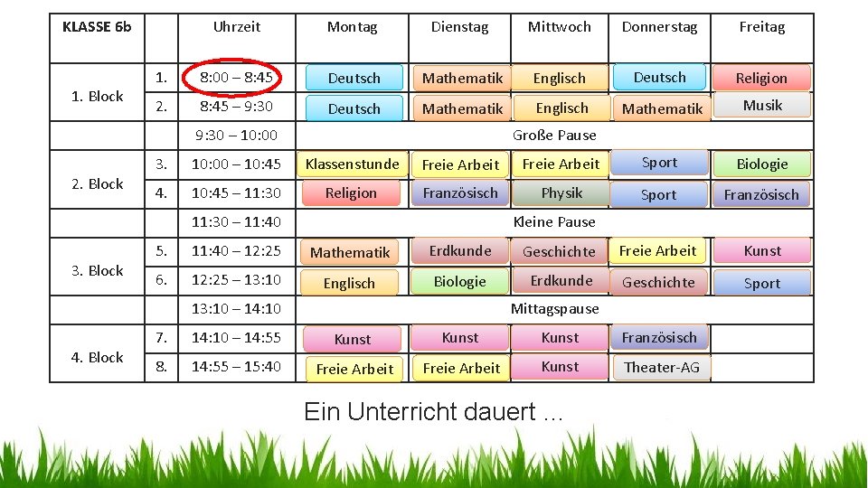 KLASSE 6 b 1. Block Uhrzeit Montag Dienstag Mittwoch Donnerstag Freitag 1. 8: 00