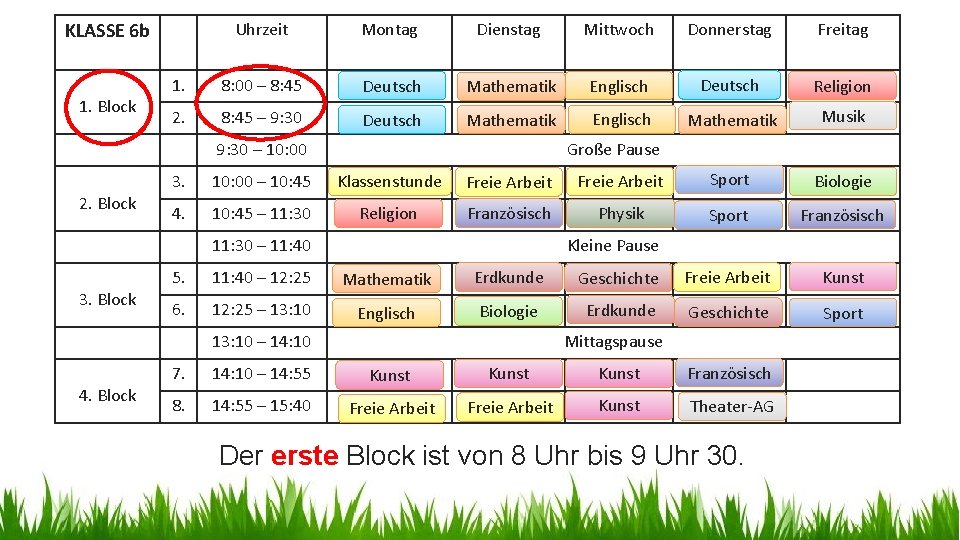 KLASSE 6 b 1. Block Uhrzeit Montag Dienstag Mittwoch Donnerstag Freitag 1. 8: 00