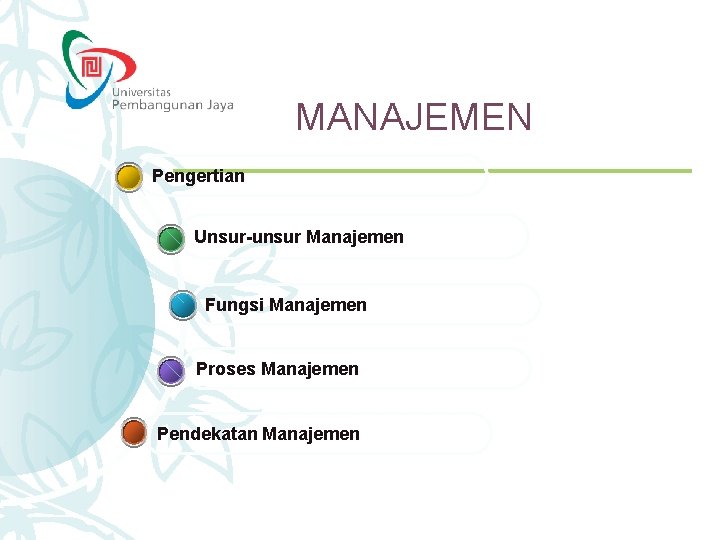 MANAJEMEN Pengertian Unsur-unsur Manajemen Fungsi Manajemen Proses Manajemen Pendekatan Manajemen 