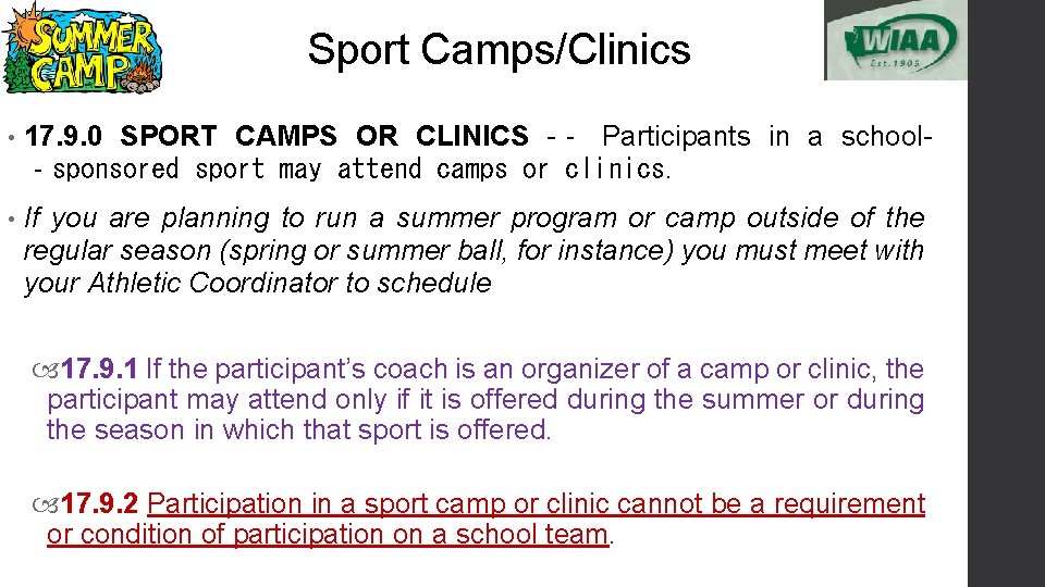 Sport Camps/Clinics • 17. 9. 0 SPORT CAMPS OR CLINICS -‐ Participants in a