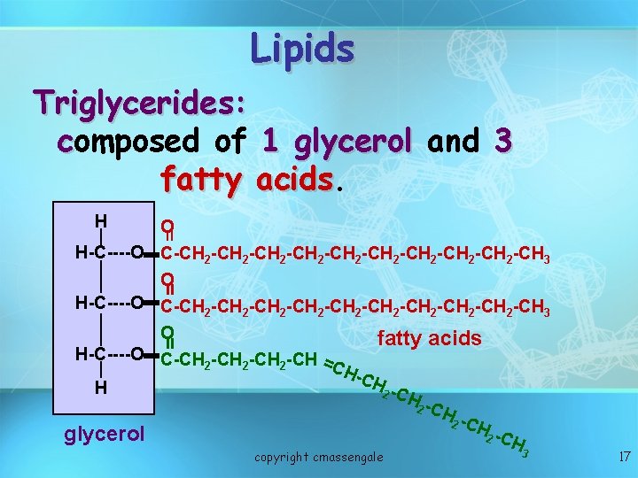 Lipids Triglycerides: composed of 1 glycerol and 3 fatty acids H = O H-C----O