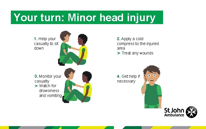 Your turn: Minor head injury 1. Help your casualty to sit down 2. Apply