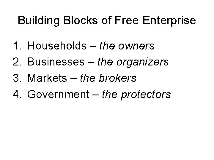 Building Blocks of Free Enterprise 1. 2. 3. 4. Households – the owners Businesses