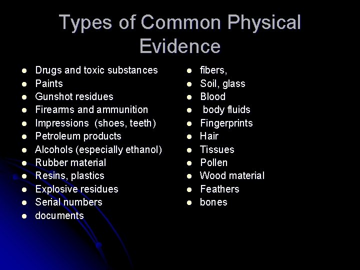 Types of Common Physical Evidence l l l Drugs and toxic substances Paints Gunshot