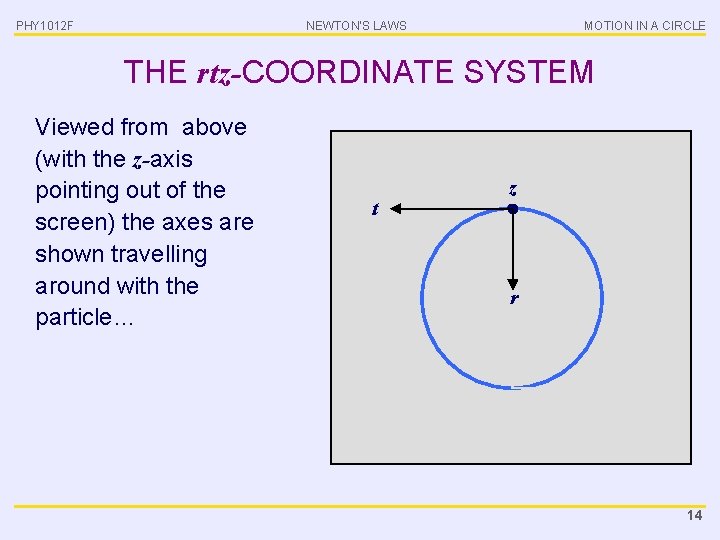 PHY 1012 F NEWTON’S LAWS MOTION IN A CIRCLE THE rtz-COORDINATE SYSTEM Viewed from