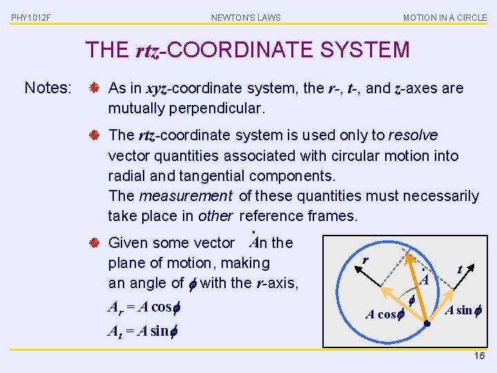PHY 1012 F NEWTON’S LAWS MOTION IN A CIRCLE THE rtz-COORDINATE SYSTEM Notes: As
