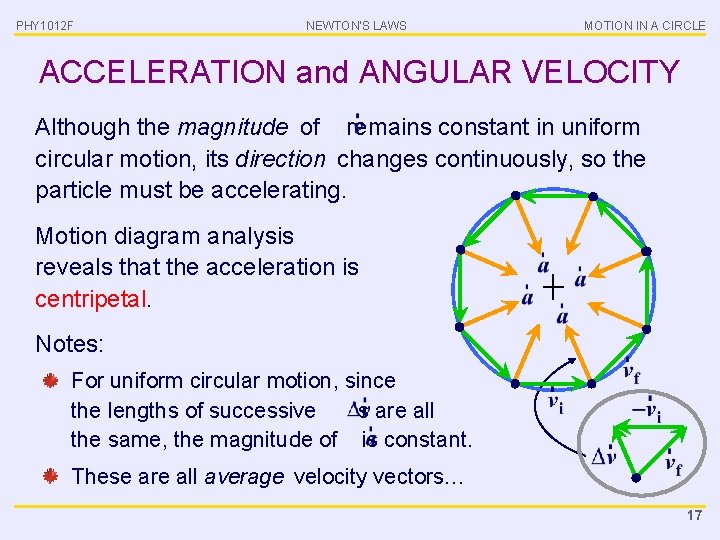 PHY 1012 F NEWTON’S LAWS MOTION IN A CIRCLE ACCELERATION and ANGULAR VELOCITY Although