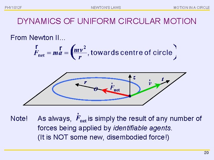 PHY 1012 F NEWTON’S LAWS MOTION IN A CIRCLE DYNAMICS OF UNIFORM CIRCULAR MOTION