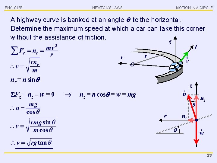 PHY 1012 F NEWTON’S LAWS MOTION IN A CIRCLE A highway curve is banked