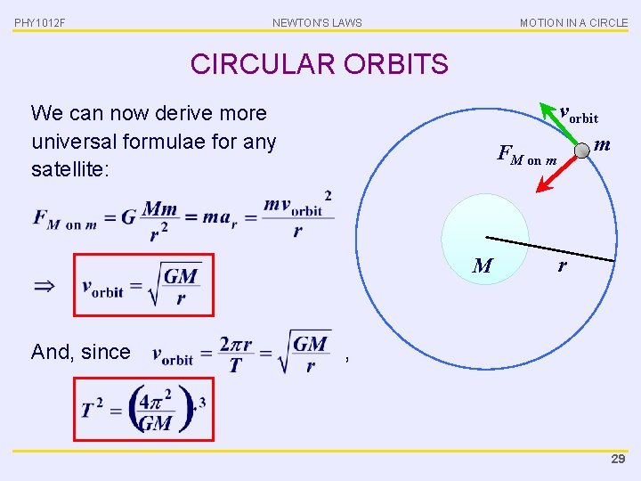 PHY 1012 F NEWTON’S LAWS MOTION IN A CIRCLE CIRCULAR ORBITS vorbit We can