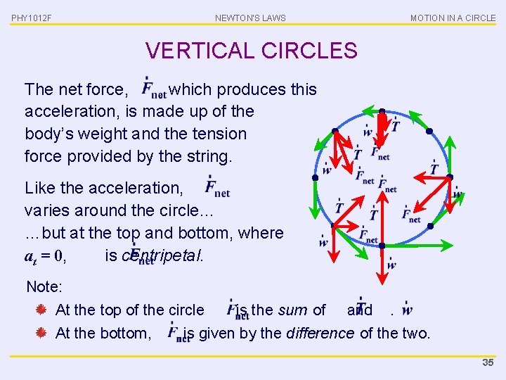 PHY 1012 F NEWTON’S LAWS MOTION IN A CIRCLE VERTICAL CIRCLES The net force,