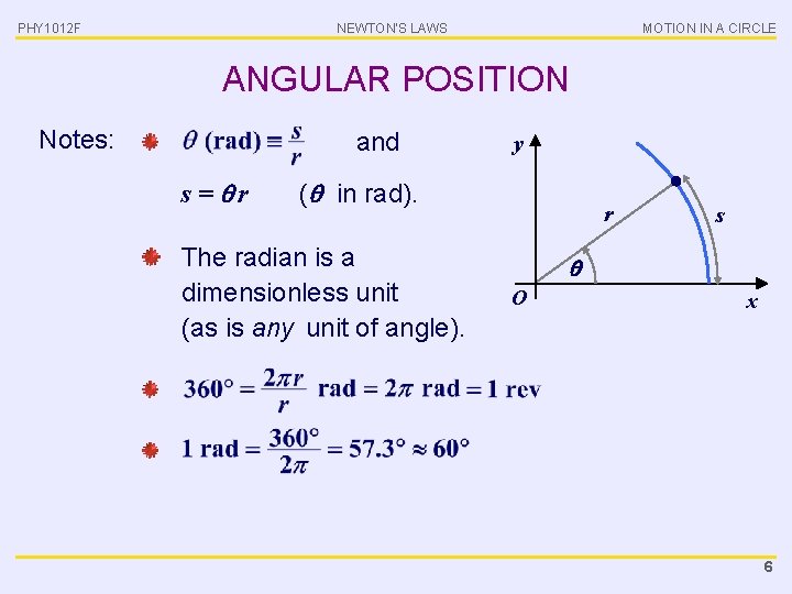 PHY 1012 F NEWTON’S LAWS MOTION IN A CIRCLE ANGULAR POSITION Notes: and s