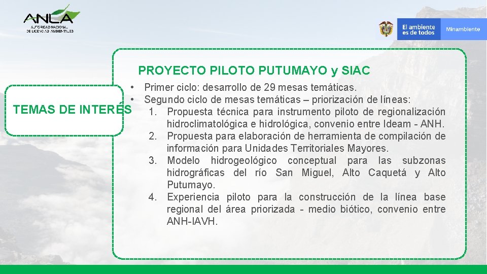 PROYECTO PILOTO PUTUMAYO y SIAC • Primer ciclo: desarrollo de 29 mesas temáticas. •