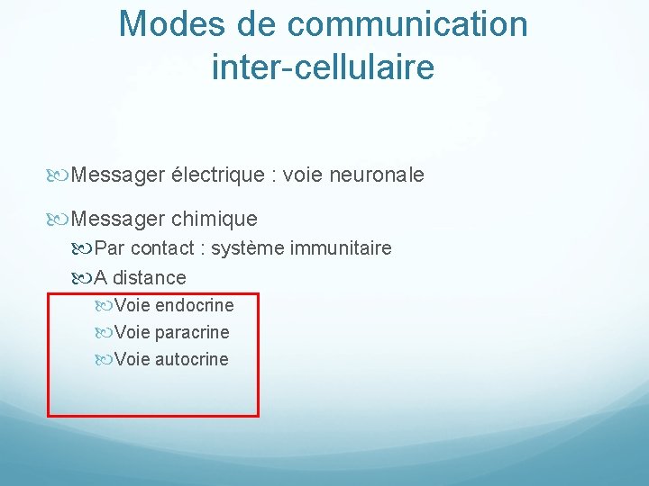 Modes de communication inter-cellulaire Messager électrique : voie neuronale Messager chimique Par contact :