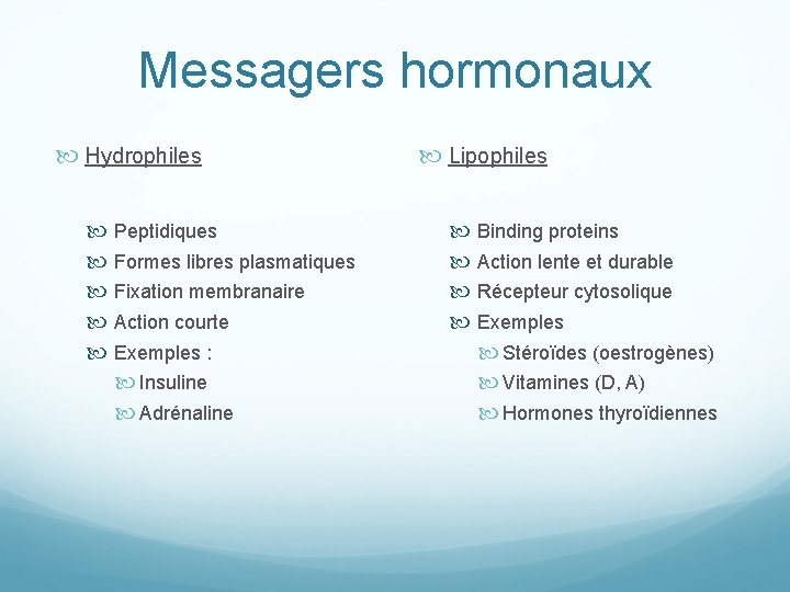Messagers hormonaux Hydrophiles Peptidiques Formes libres plasmatiques Fixation membranaire Action courte Exemples : Insuline
