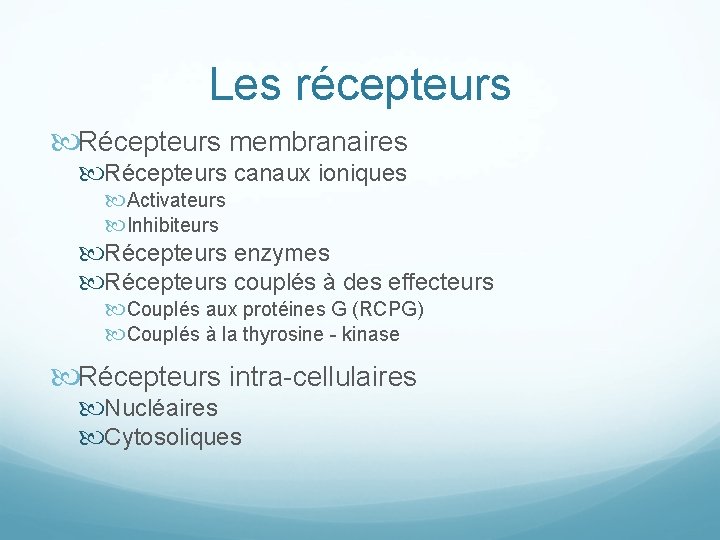 Les récepteurs Récepteurs membranaires Récepteurs canaux ioniques Activateurs Inhibiteurs Récepteurs enzymes Récepteurs couplés à