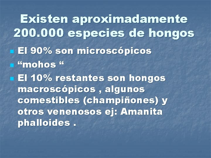 Existen aproximadamente 200. 000 especies de hongos n n n El 90% son microscópicos