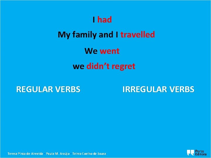 I had My family and I travelled We went we didn’t regret REGULAR VERBS