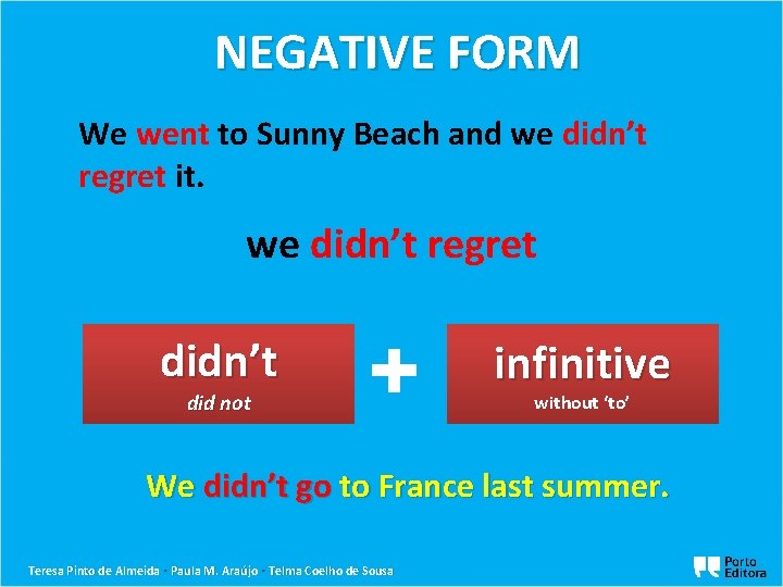 NEGATIVE FORM We went to Sunny Beach and we didn’t regret it. we didn’t