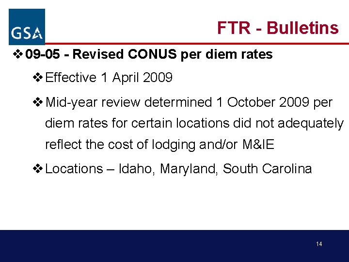 FTR - Bulletins v 09 -05 - Revised CONUS per diem rates v Effective