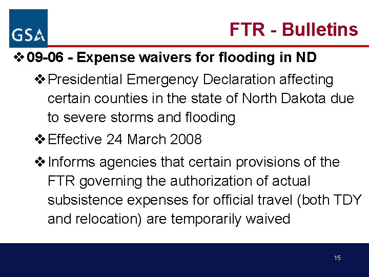 FTR - Bulletins v 09 -06 - Expense waivers for flooding in ND v