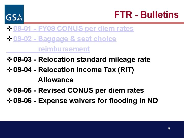 FTR - Bulletins v 09 -01 - FY 09 CONUS per diem rates v
