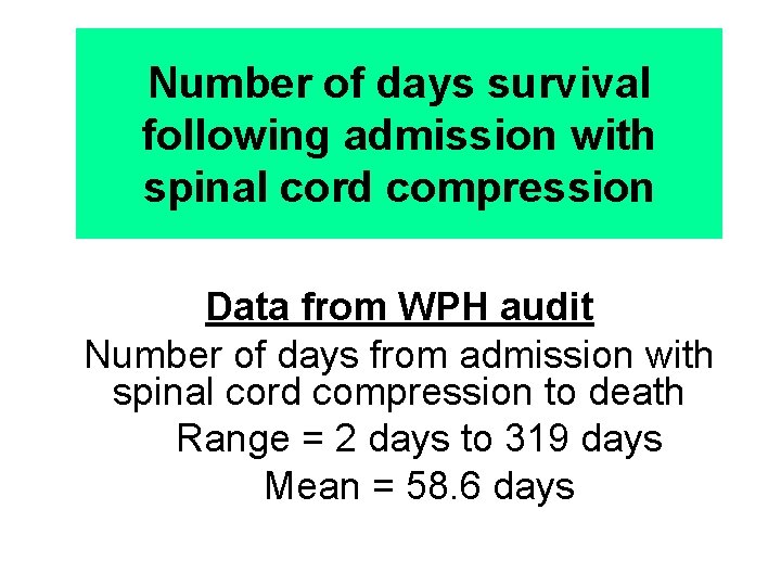 Number of days survival following admission with spinal cord compression Data from WPH audit