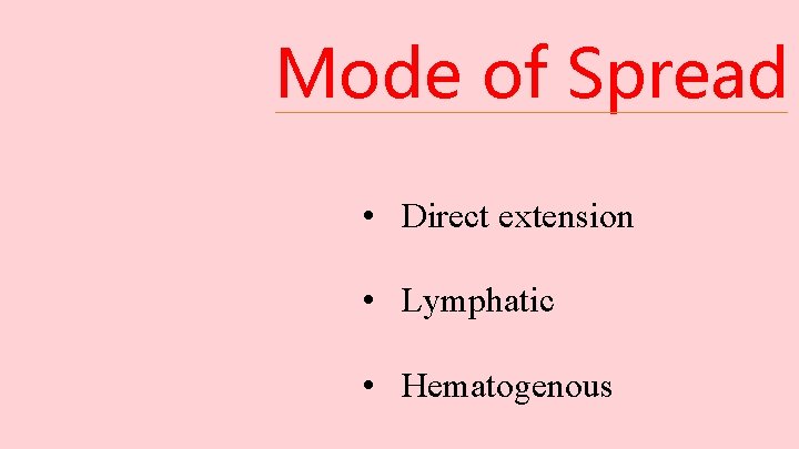 Mode of Spread • Direct extension • Lymphatic • Hematogenous 