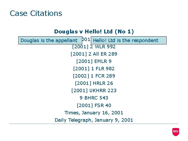 Case Citations Douglas v Hello! Ltd (No 1) QB 967 Douglas is the appellant[2001]