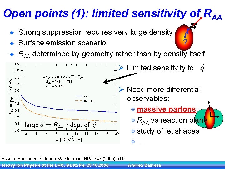 Open points (1): limited sensitivity of RAA Strong suppression requires very large density ?