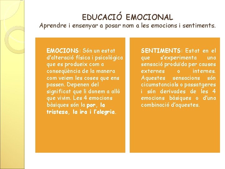 EDUCACIÓ EMOCIONAL Aprendre i ensenyar a posar nom a les emocions i sentiments. EMOCIONS: