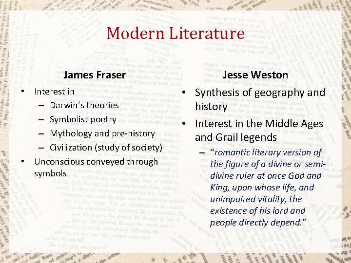 Modern Literature James Fraser • Interest in – Darwin’s theories – Symbolist poetry –