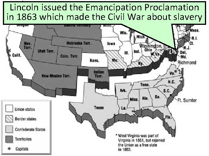 Lincoln issued the Emancipation Proclamation in 1863 which made the Civil War about slavery