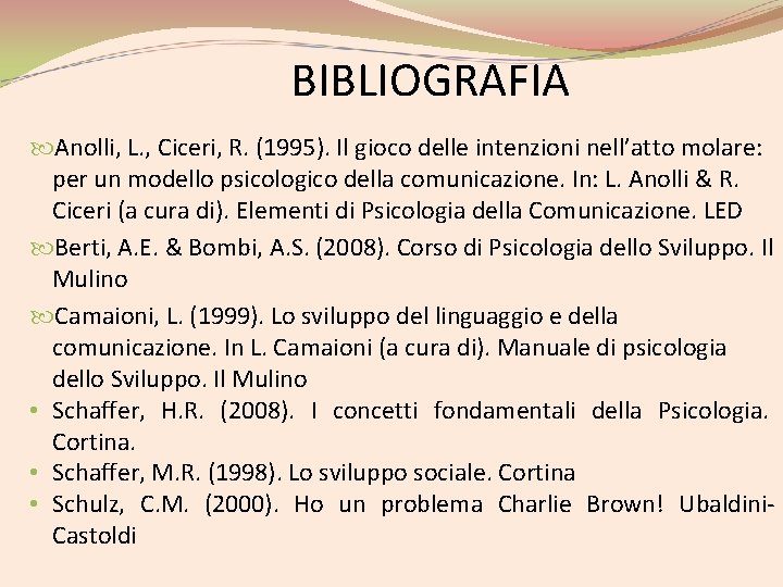 BIBLIOGRAFIA Anolli, L. , Ciceri, R. (1995). Il gioco delle intenzioni nell’atto molare: per