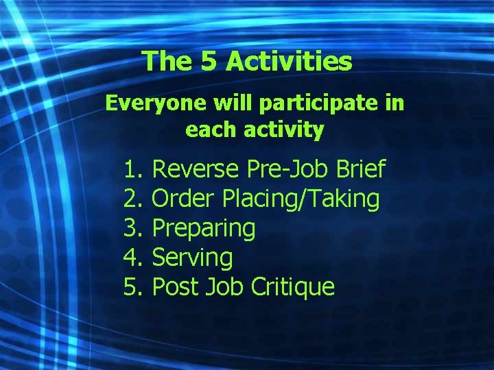The 5 Activities Everyone will participate in each activity 1. 2. 3. 4. 5.