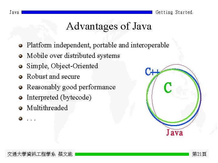 Java Getting Started Advantages of Java Platform independent, portable and interoperable Mobile over distributed