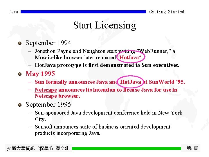 Java Getting Started Start Licensing September 1994 - Jonathon Payne and Naughton start writing