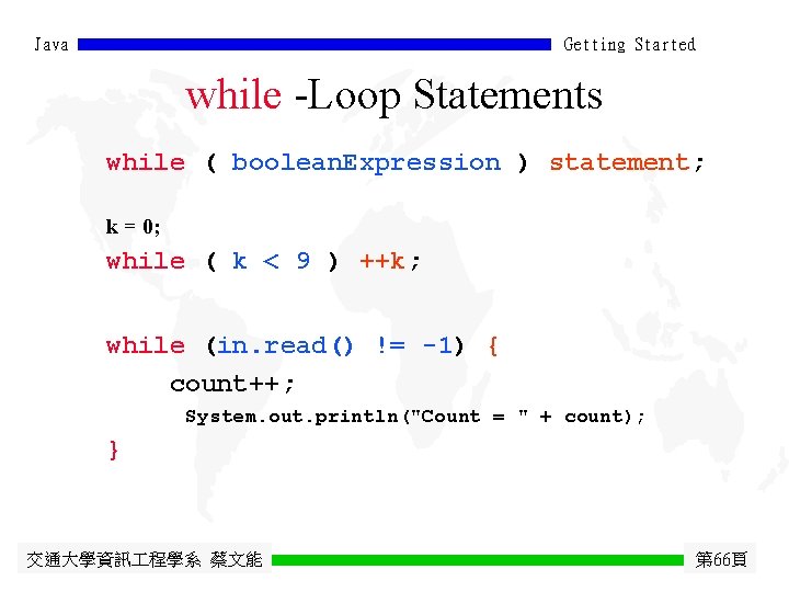 Java Getting Started while -Loop Statements while ( boolean. Expression ) statement; k =