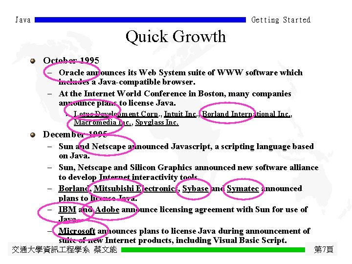 Java Getting Started Quick Growth October 1995 - Oracle announces its Web System suite