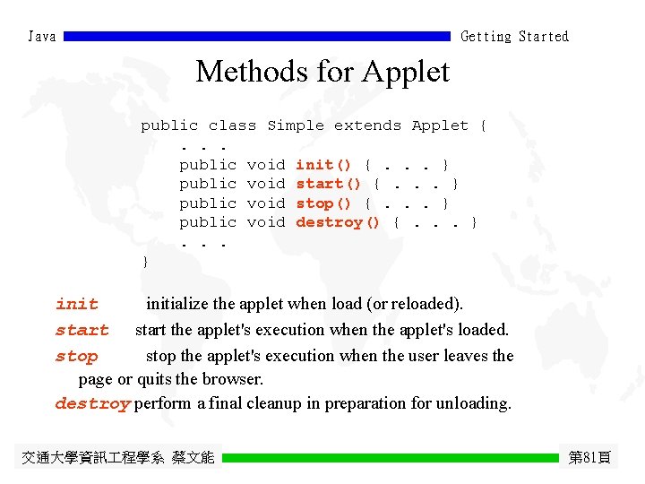 Java Getting Started Methods for Applet public class Simple extends Applet {. . .