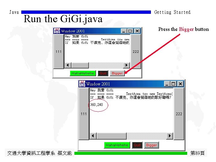 Java Run the Gi. java Getting Started Press the Bigger button 交通大學資訊 程學系 蔡文能