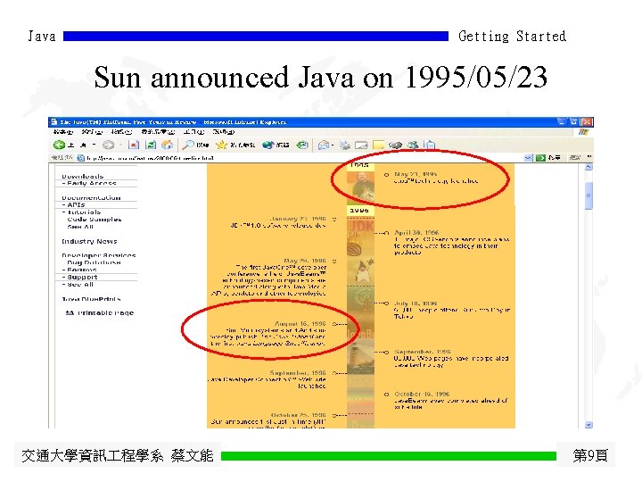 Java Getting Started Sun announced Java on 1995/05/23 交通大學資訊 程學系 蔡文能 第 9頁 